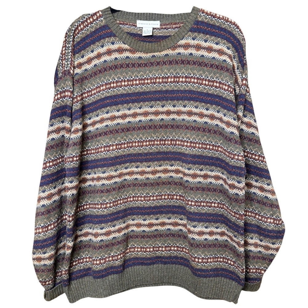 VTG Earthy Men Large Sweater Fair Isle Geometric Stripe Cotton Blend USA Presick
